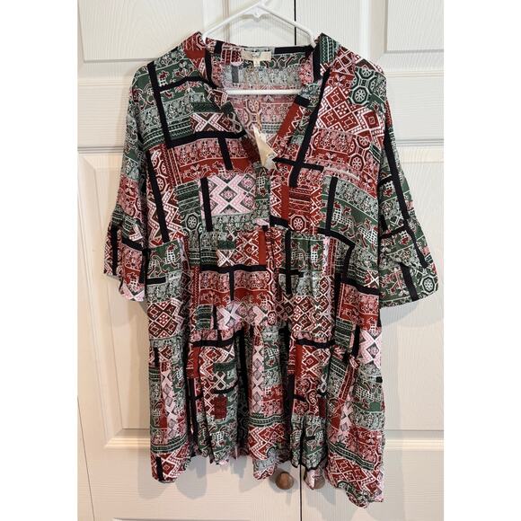 New Easel Boho Indie Peasant Cottagecore Printed Babydoll Top Blouse - Picture 1 of 5